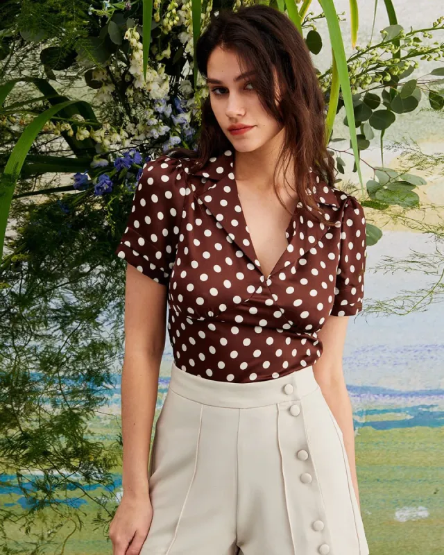 The Brown Lapel Polka Dot Ruched Blouse sold by rihoas