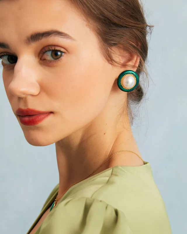 The Green Geometric Glass Pearl Earrings sold by rihoas
