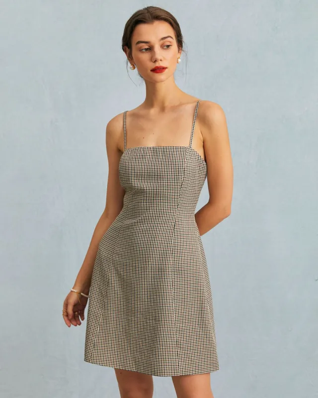 The Khaki Tie Plaid Backless Cami Mini Dress sold by rihoas