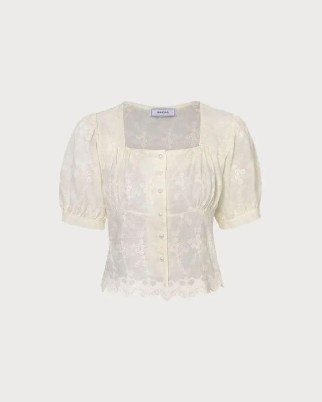 The Beige Square Neck Lace Embroidery Blouse sold by rihoas
