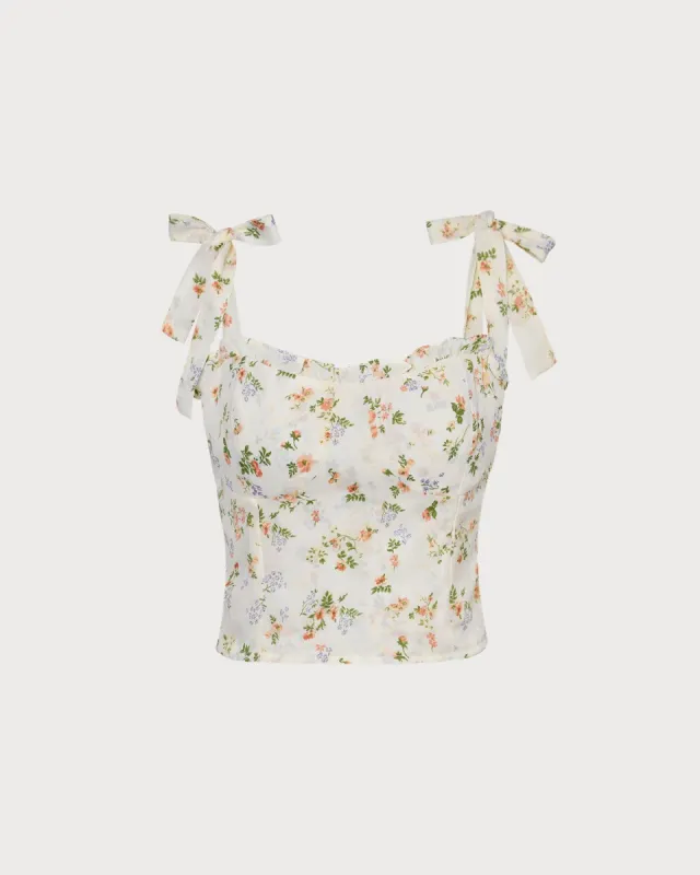 The Beige Floral Shirred Ruffle Trim Cami Top sold by rihoas