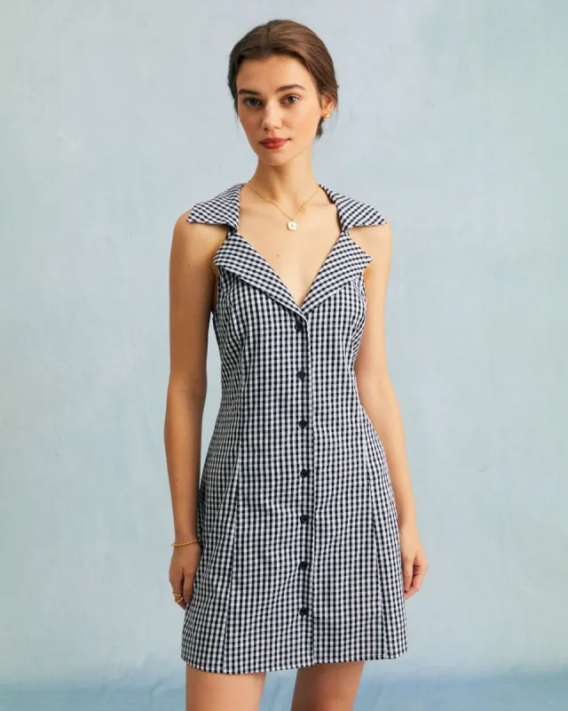 The Black Lapel Plaid Button Sleeveless Mini Dress sold by rihoas