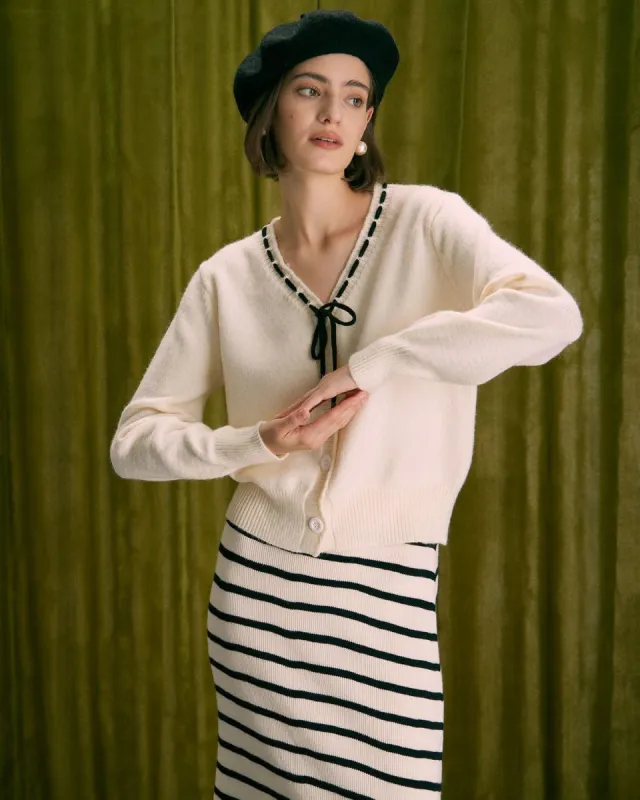 The Beige Tie Neck Ribbed Button Cardigan sold by rihoas