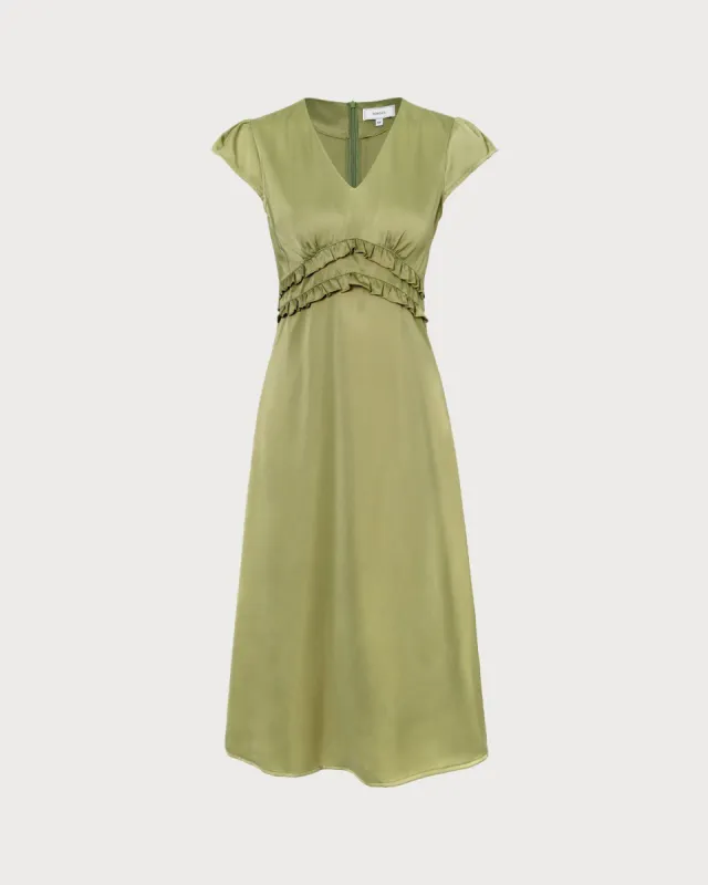 The Green V Neck Ruffle Frill Trim Midi Dress sold by rihoas