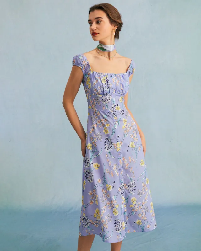 The Purple Square Neck Floral Shirred Midi Dress sold by rihoas