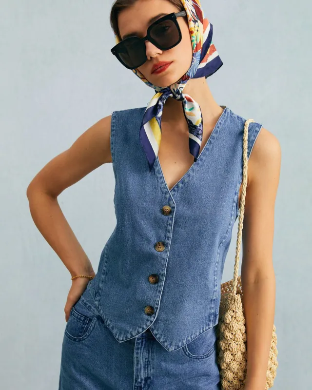 The Blue V Neck Button Sleeveless Denim Vest sold by rihoas