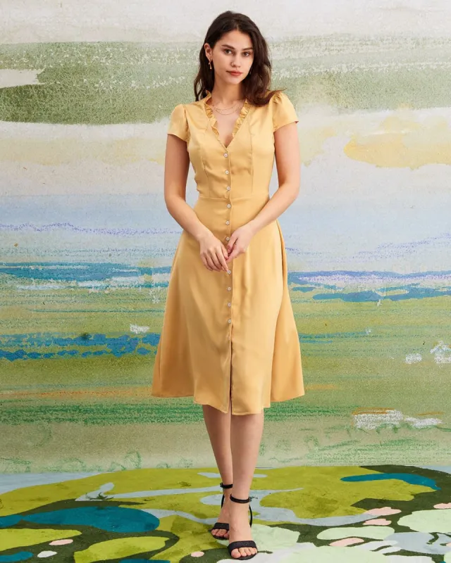 The Yellow V Neck Ruffle Cap Sleeve Midi Dress sold by rihoas
