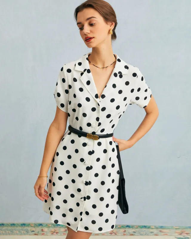The White Lapel Polka Dot Ruched Button Mini Dress sold by rihoas