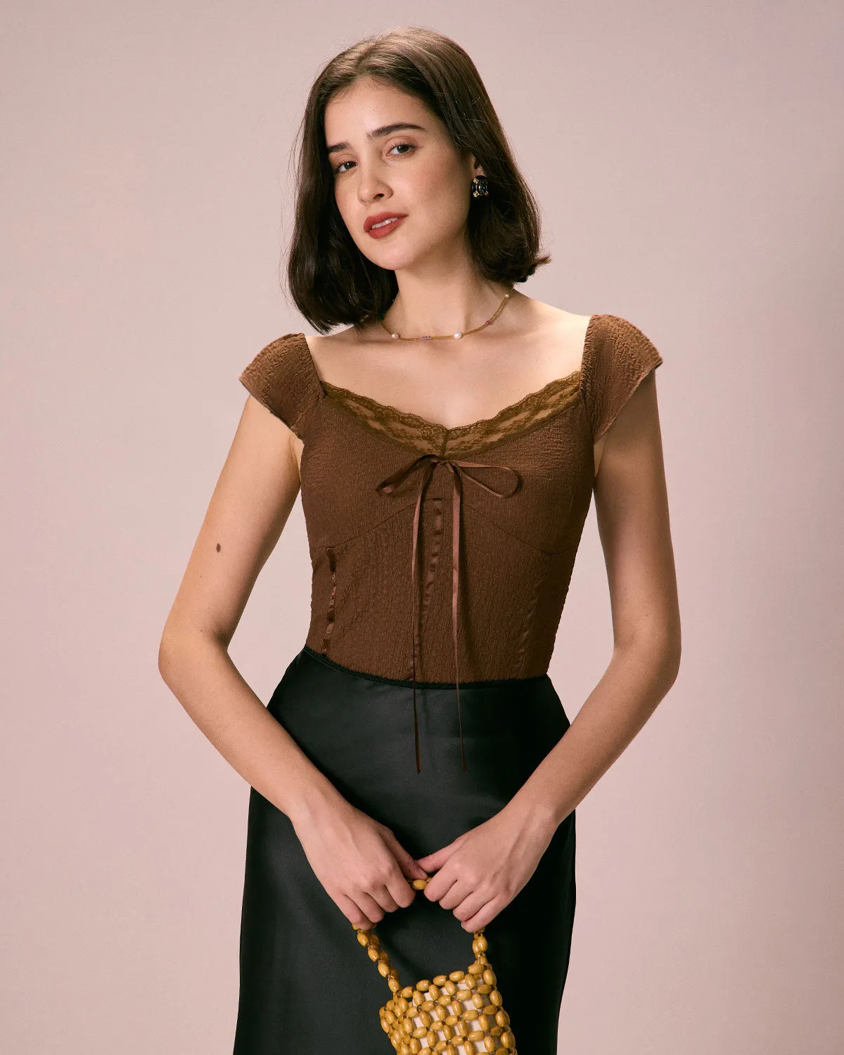 The Coffee V Neck Lace Textured Tee sold by rihoas