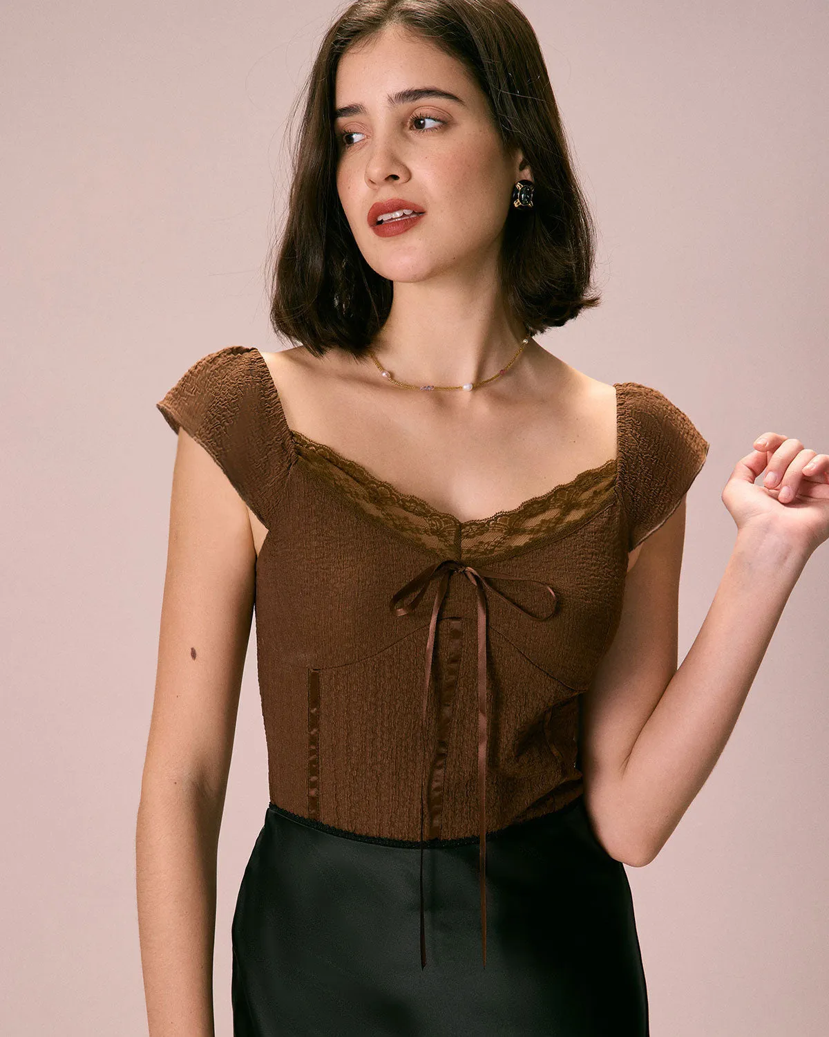 The Coffee V Neck Lace Textured Tee sold by rihoas product image thumbnail 3