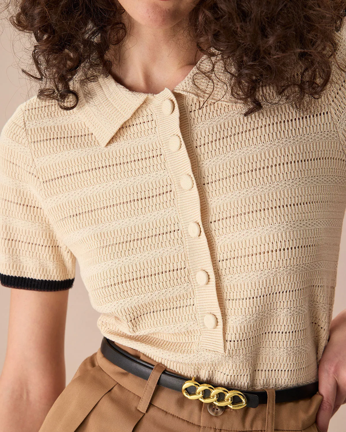 The Apricot Lapel Contrast Trim Knit Tee sold by rihoas product image thumbnail 2
