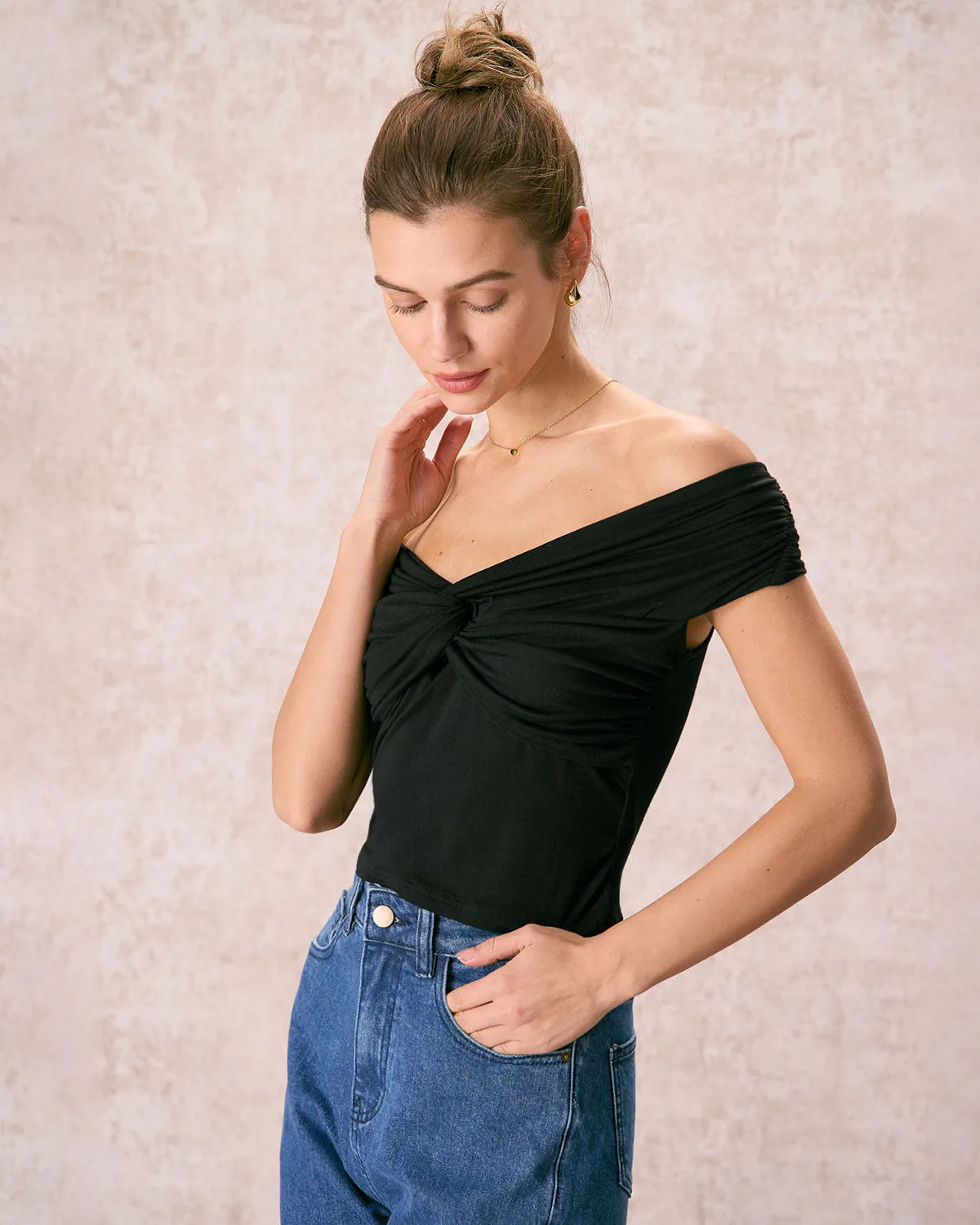 The Black Off The Shoulder Twist Tee sold by rihoas product image thumbnail 4