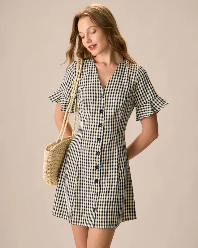 The Black V Neck Plaid Cotton Mini Dress sold by rihoas