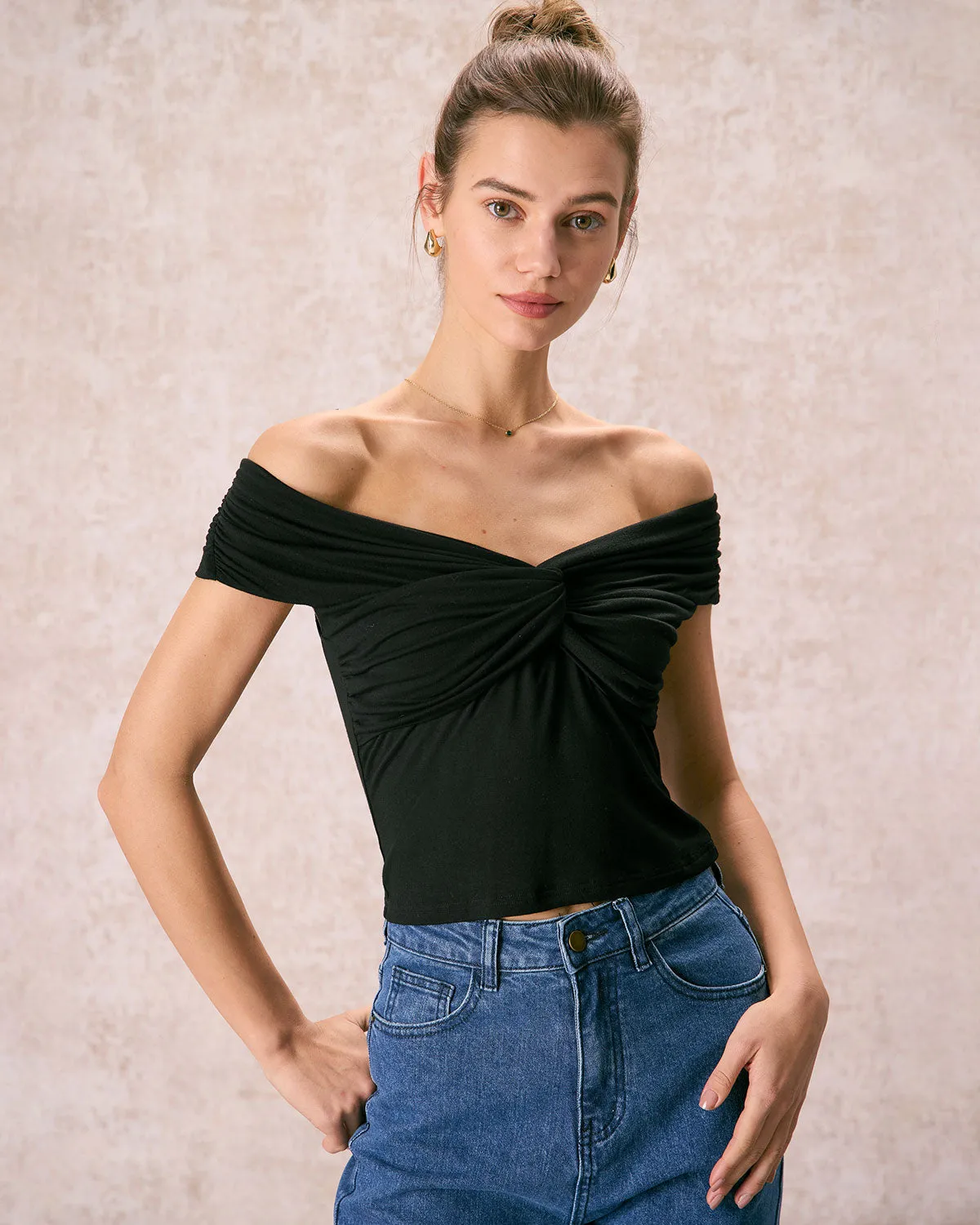 The Black Off The Shoulder Twist Tee sold by rihoas