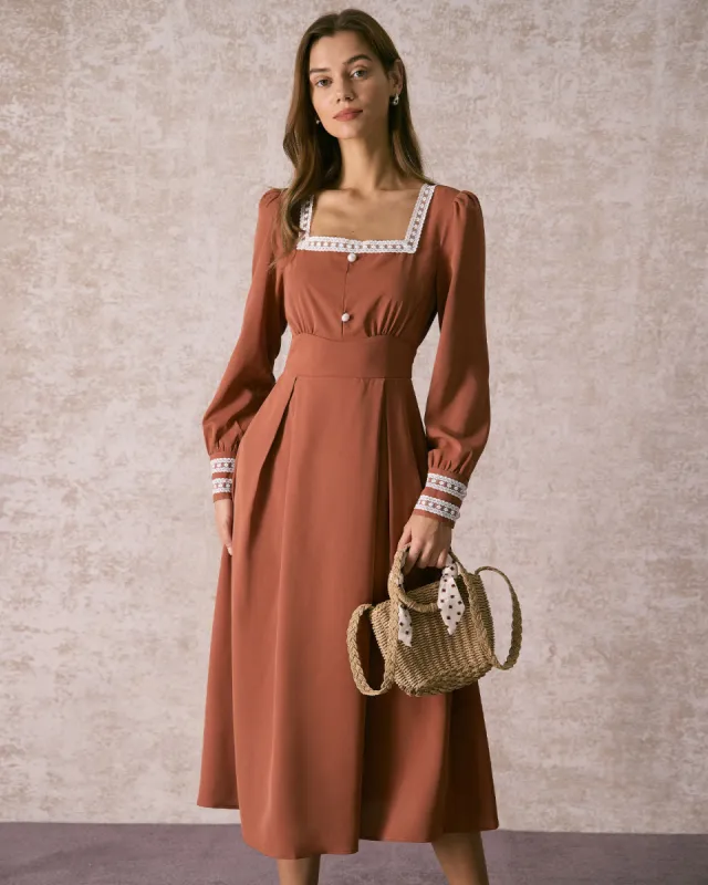 The Brown Square Neck Lace Trim Midi Dress sold by rihoas