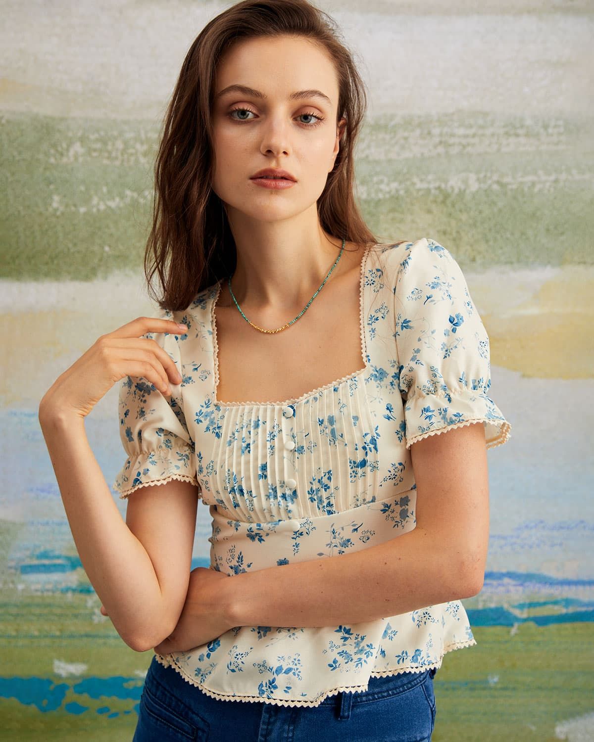 The Blue Floral Pleated Puff Sleeve Blouse sold by rihoas product image thumbnail 5