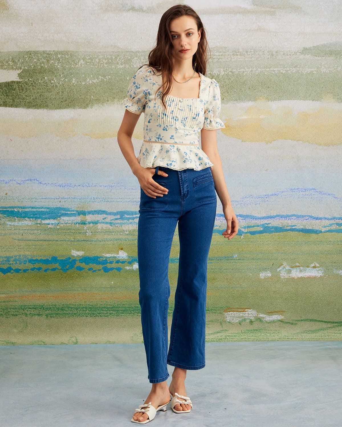 The Blue Floral Pleated Puff Sleeve Blouse sold by rihoas product image thumbnail 2