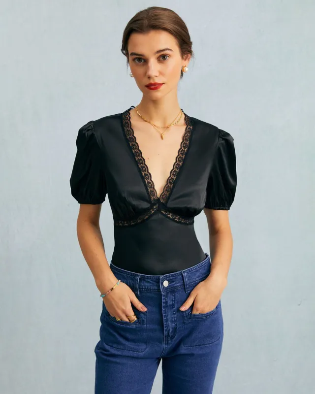 The Black V Neck Lace Puff Sleeve Satin Blouse sold by rihoas