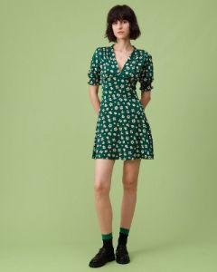The Green V Neck Puff Sleeve Floral Mini Dress sold by rihoas