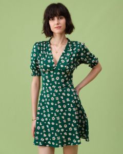 The Green V Neck Puff Sleeve Floral Mini Dress sold by rihoas