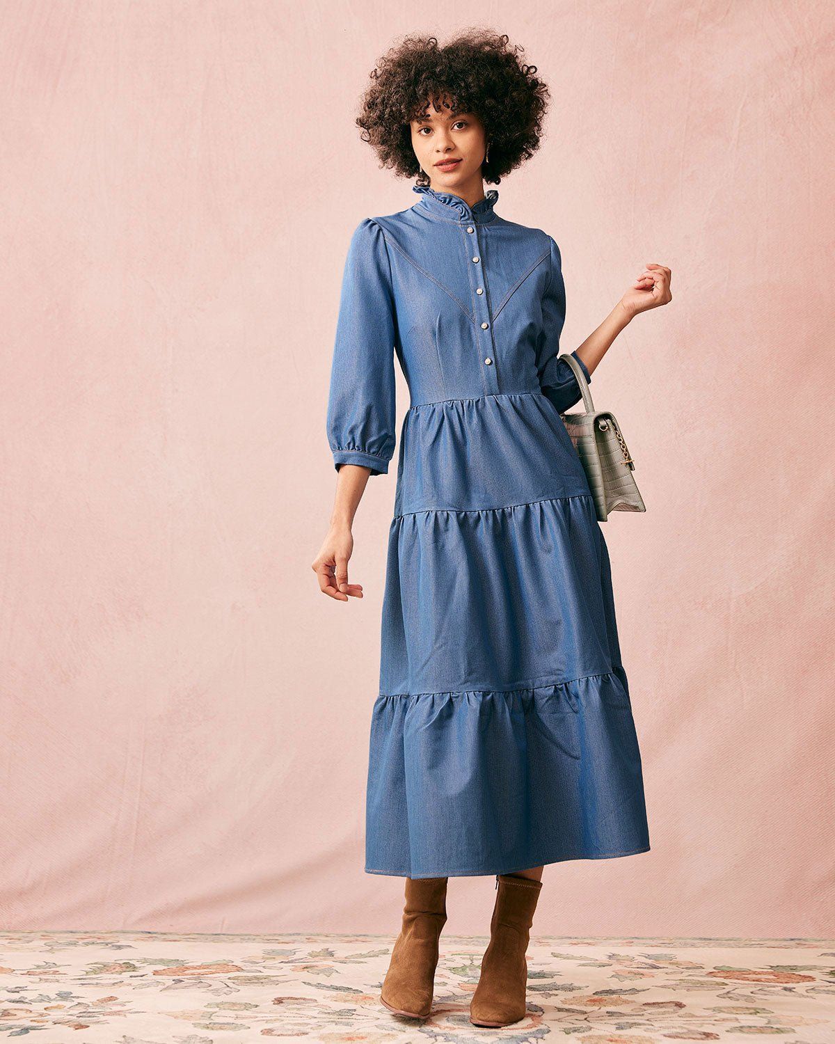 The Mock Neck Denim Maxi Dress sold by rihoas product image thumbnail 3