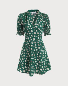 The Green V Neck Puff Sleeve Floral Mini Dress sold by rihoas