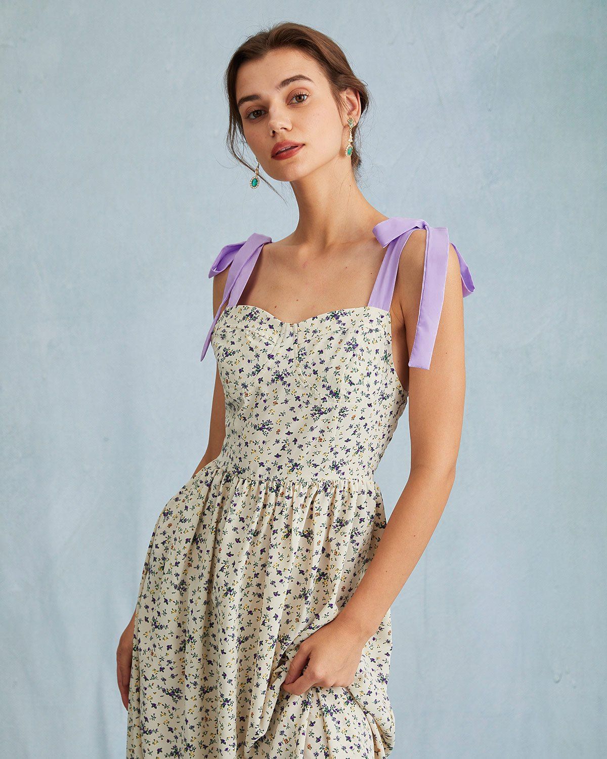 The Purple Tie Shoulder Colorblock Floral Midi Dress sold by rihoas product image thumbnail 2