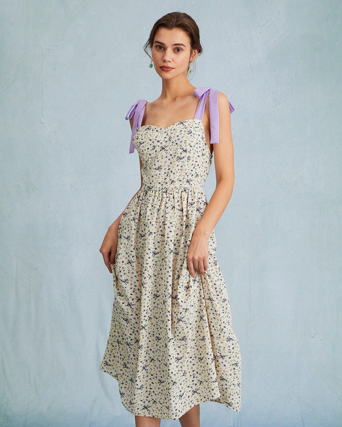 The Purple Tie Shoulder Colorblock Floral Midi Dress sold by rihoas