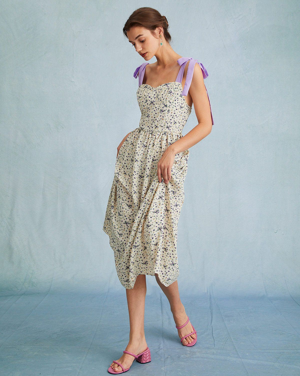 The Purple Tie Shoulder Colorblock Floral Midi Dress sold by rihoas product image thumbnail 3