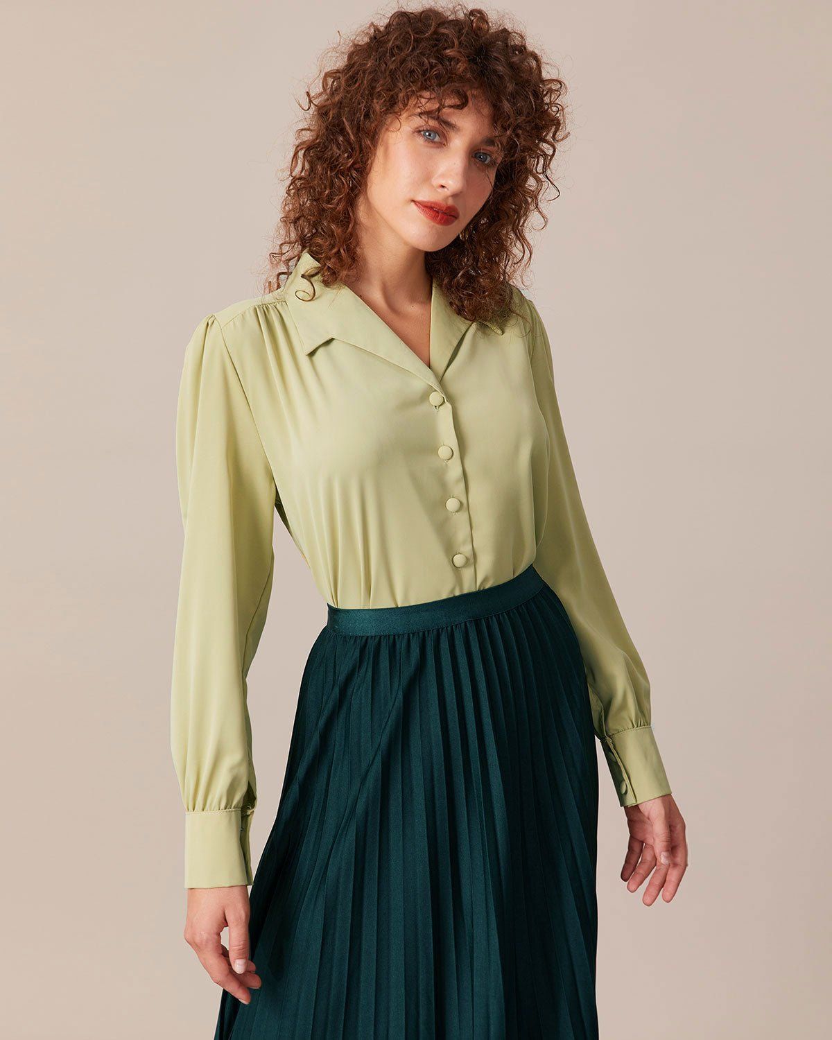 The Green Lapel Ruched Button Up Blouse sold by rihoas product image thumbnail 4