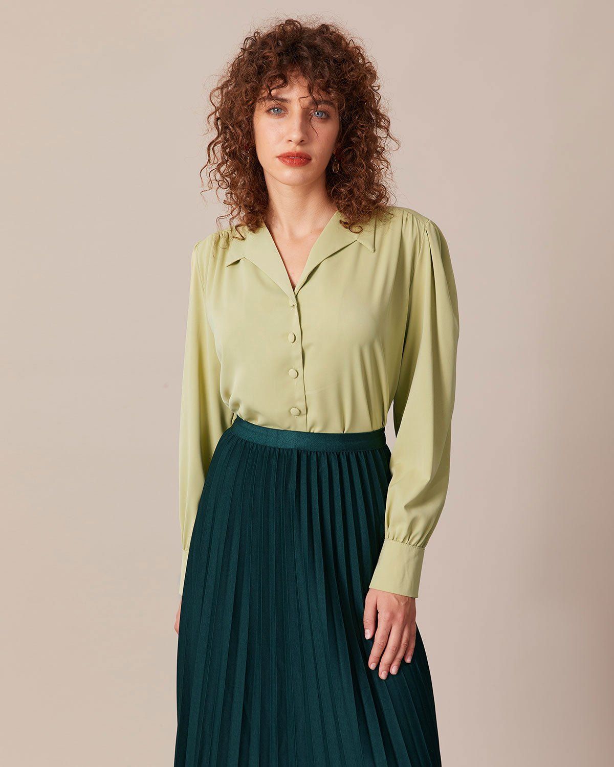 The Green Lapel Ruched Button Up Blouse sold by rihoas