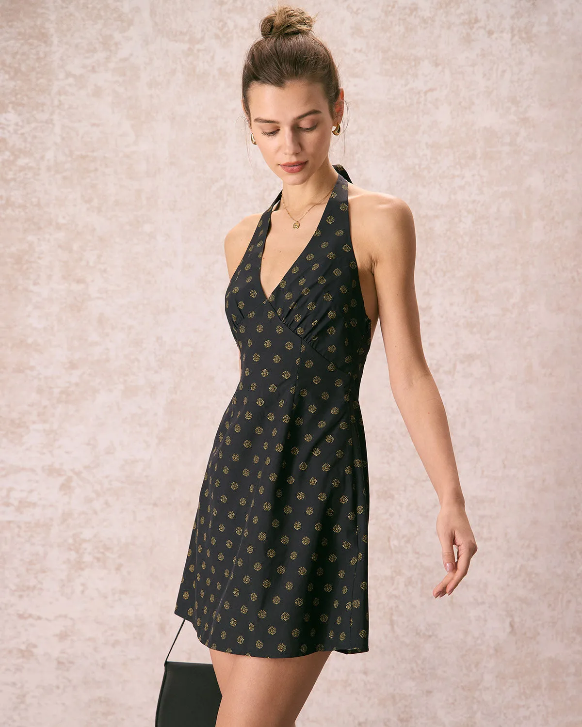 The Black Halter Floral A-Line Mini Dress sold by rihoas product image thumbnail 4
