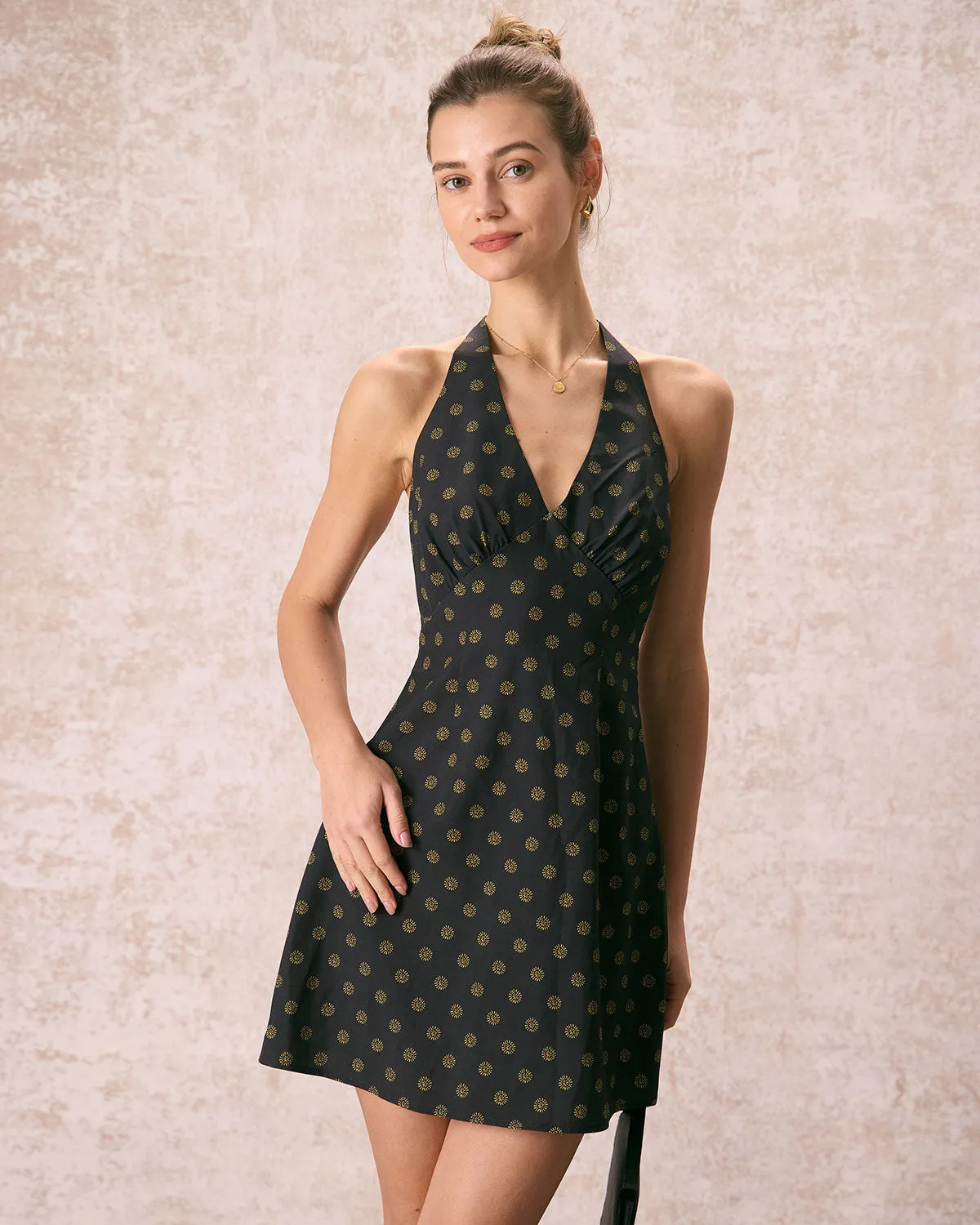 The Black Halter Floral A-Line Mini Dress sold by rihoas product image thumbnail 3