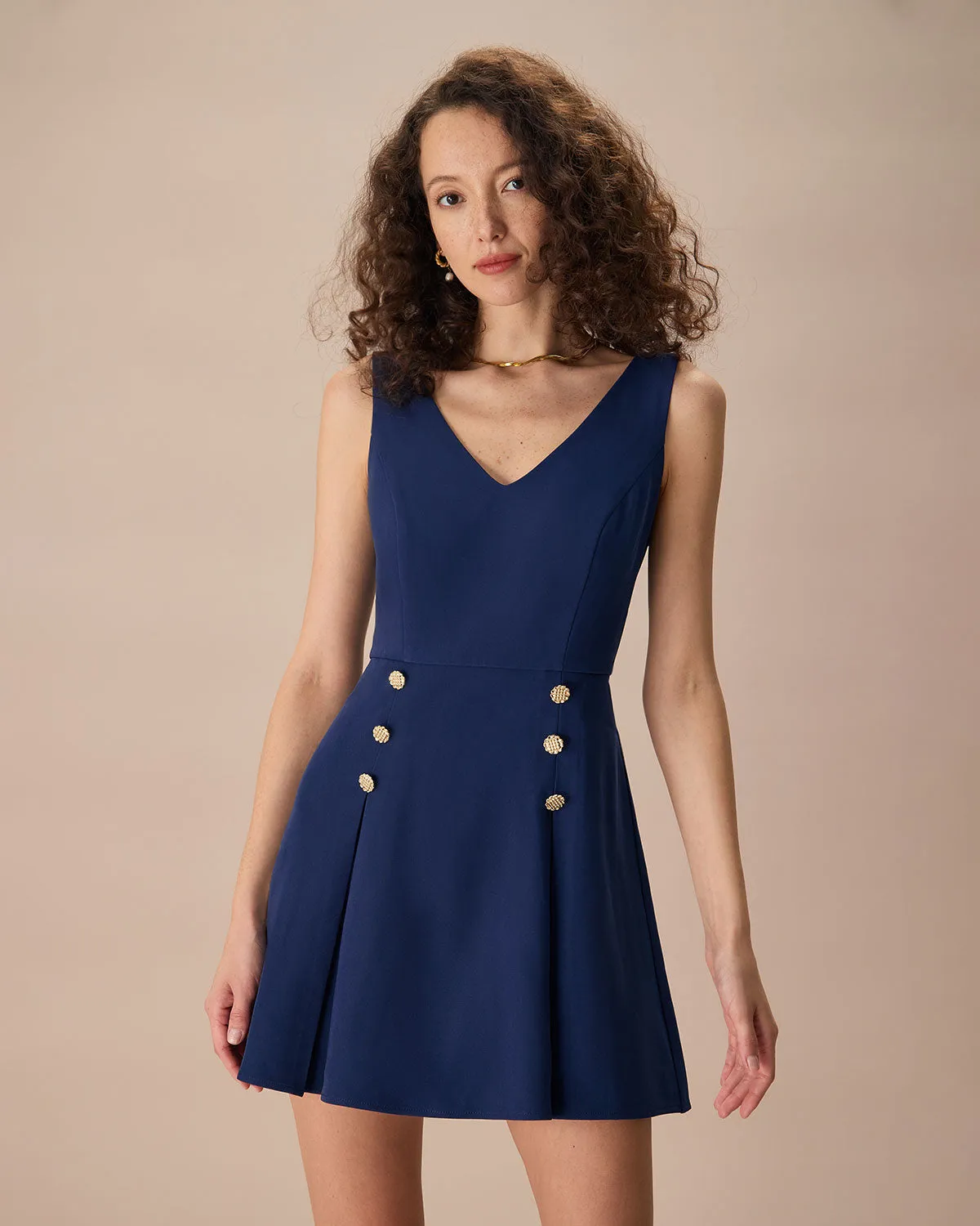 Women's Navy V-Neck Pleated Mini Dress sold by rihoas