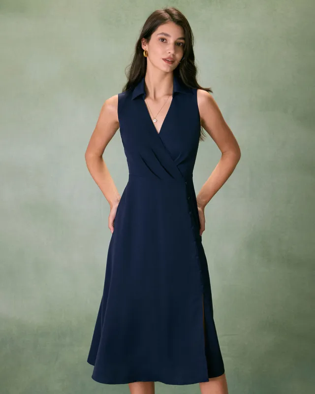 The Navy Collared Ruched Sleeveless Midi Dress sold by rihoas