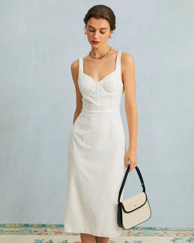 The White Sweetheart Neck Embroidery Midi Dress sold by rihoas