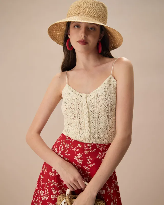 The Beige V Neck Pointelle Scalloped Cami Top sold by rihoas