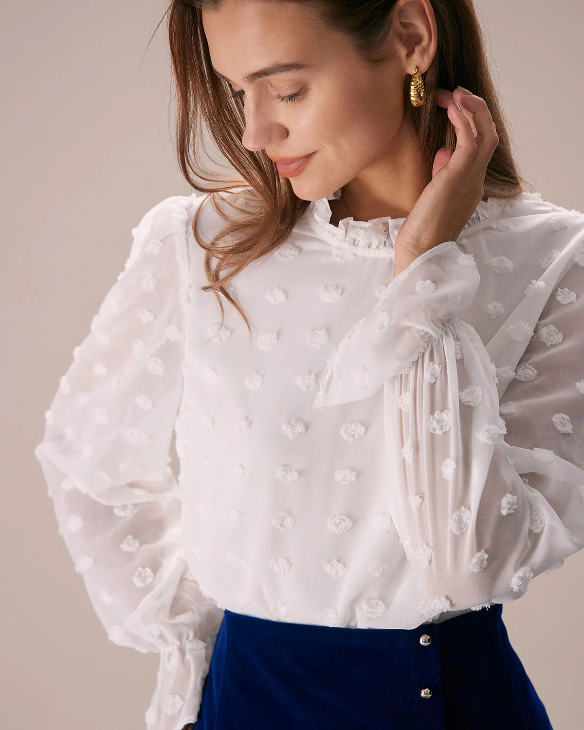 The White Mock Neck Dobby Sheer Blouse sold by rihoas product image thumbnail 2