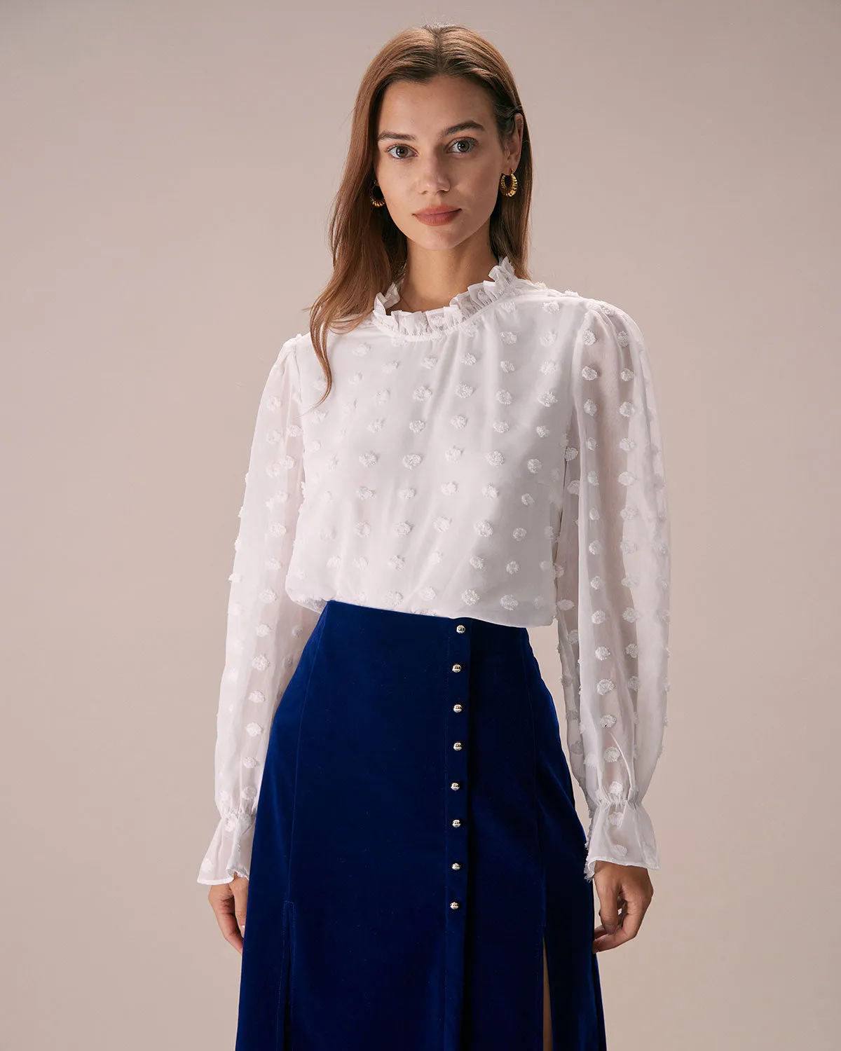 The White Mock Neck Dobby Sheer Blouse sold by rihoas product image thumbnail 4