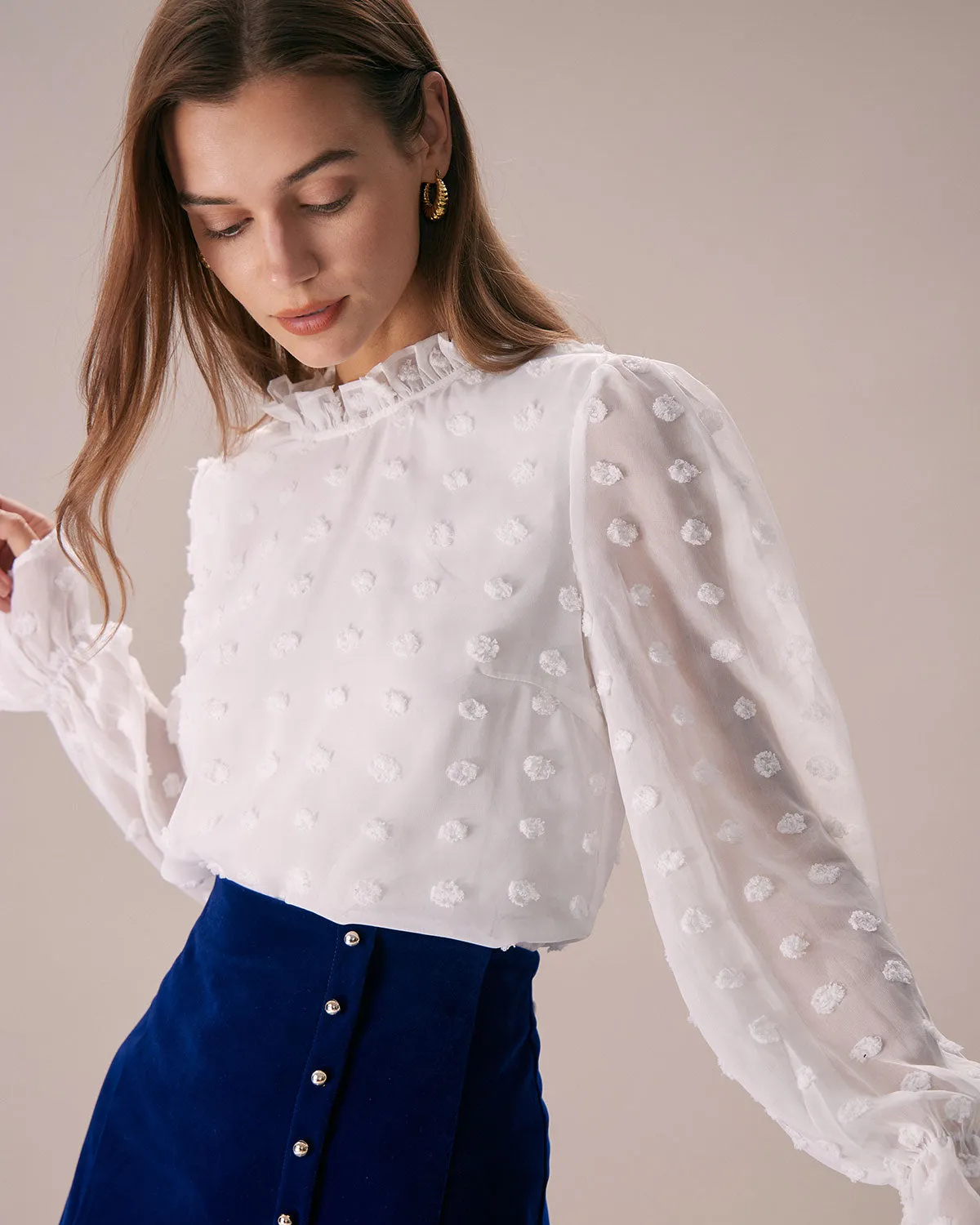 The White Mock Neck Dobby Sheer Blouse sold by rihoas product image thumbnail 3