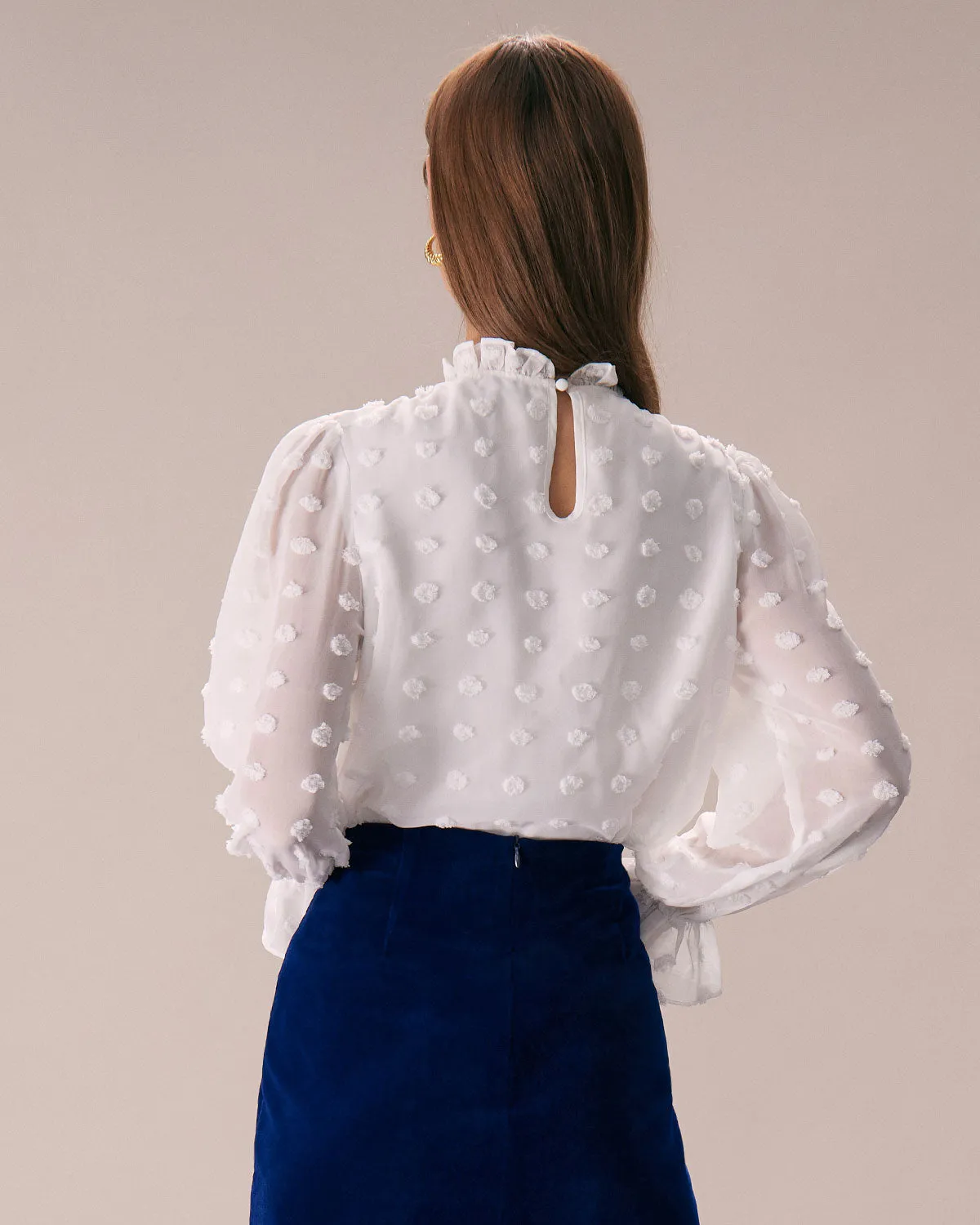 The White Mock Neck Dobby Sheer Blouse sold by rihoas product image thumbnail 5