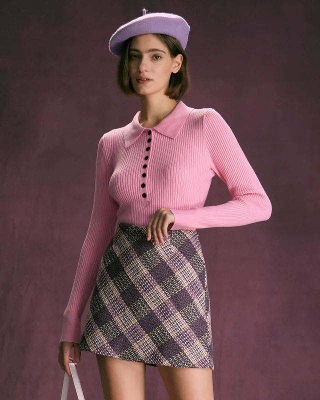 The Pink Collared Ribbed Long Sleeve Knit Top sold by rihoas