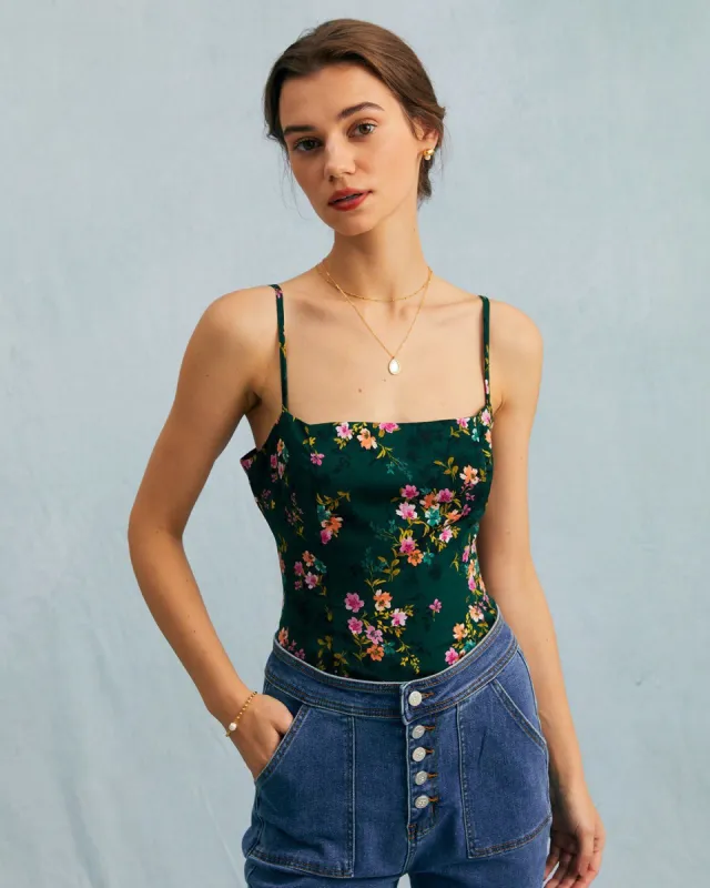 The Green Floral Sleeveless Satin Cami Top sold by rihoas