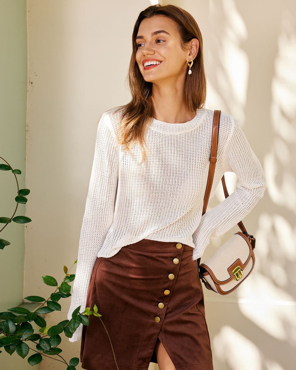 The White Round Neck Long Sleeve Knit Top sold by rihoas product image thumbnail 4