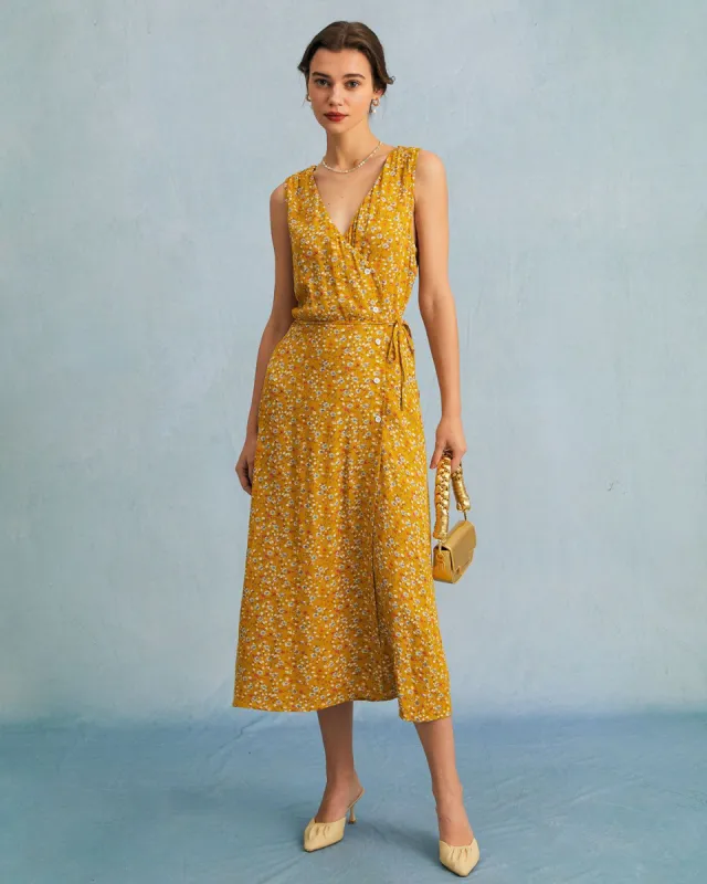 The Yellow V Neck Floral Tie Wrap Midi Dress sold by rihoas