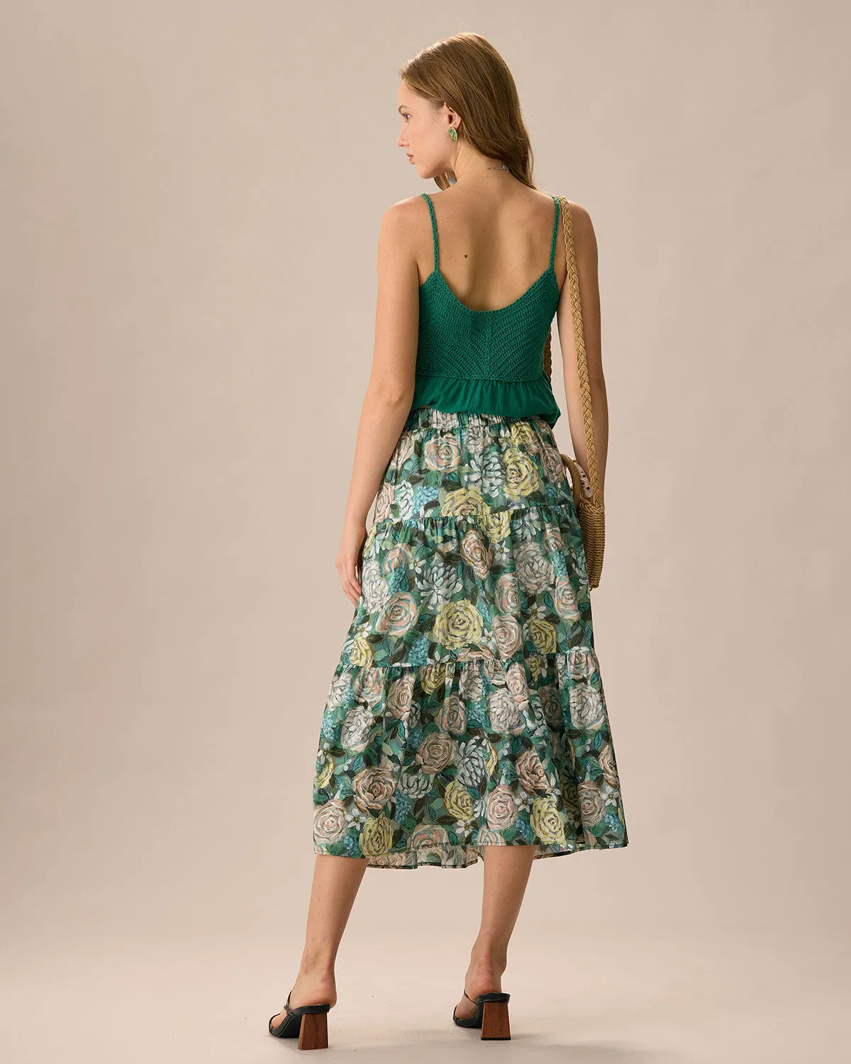 Women's Green Elastic Waist Floral Midi Skirt sold by rihoas product image thumbnail 4