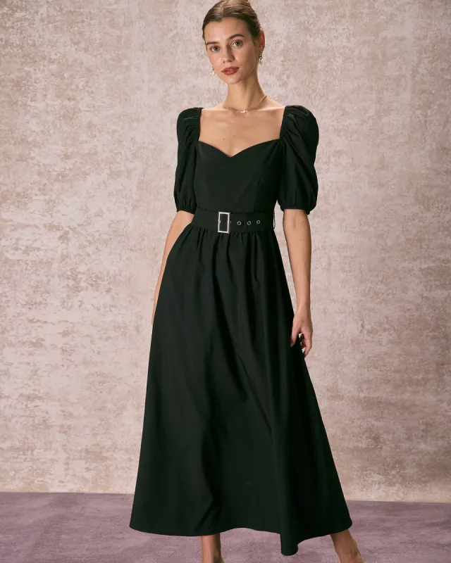 The Black Sweetheart Neck Puff Sleeve Belt Maxi Dress sold by rihoas