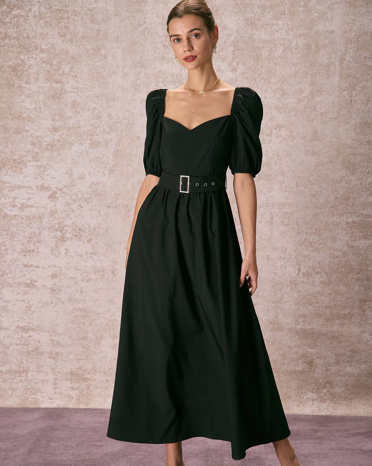 The Black Sweetheart Neck Puff Sleeve Belt Maxi Dress sold by rihoas