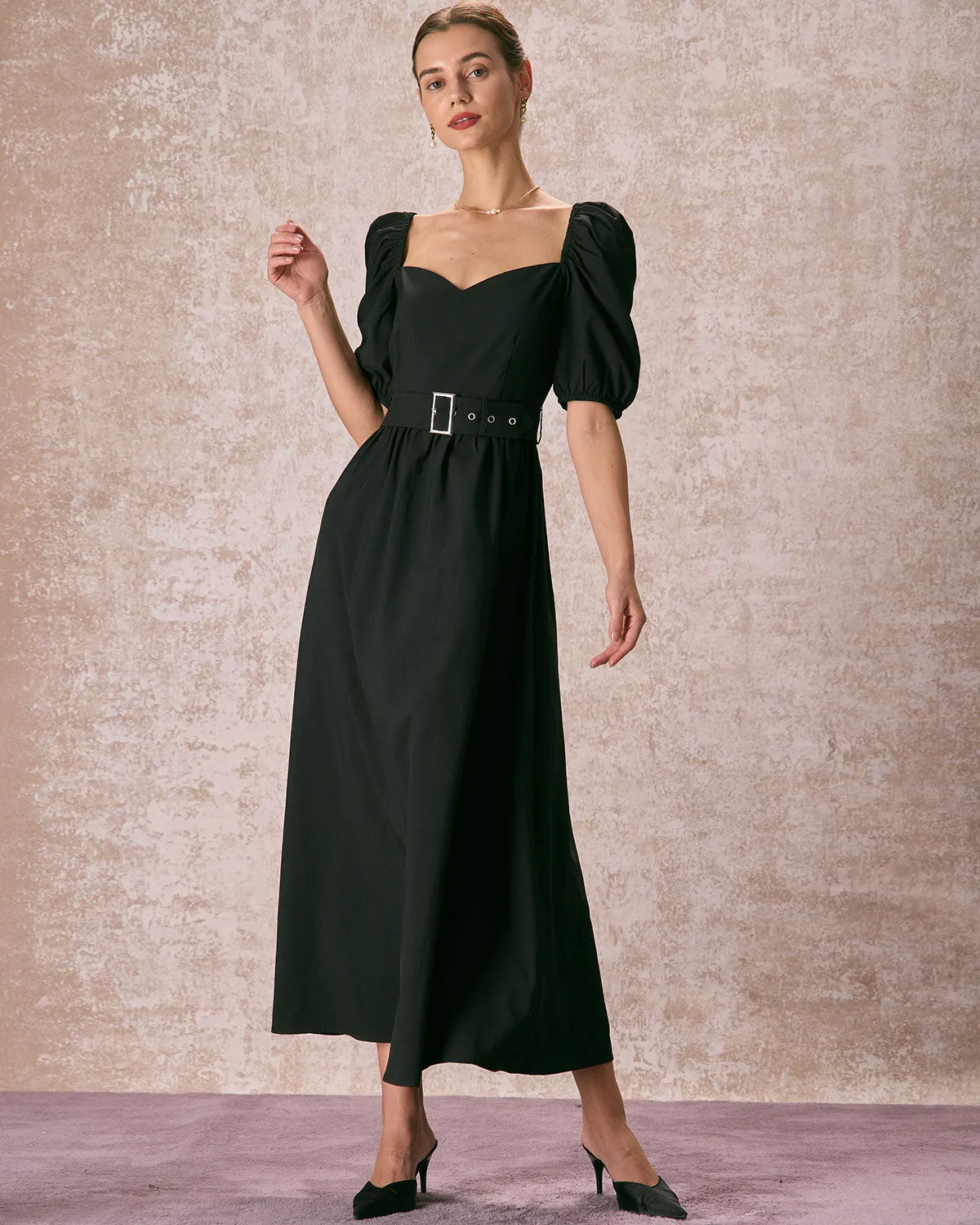 The Black Sweetheart Neck Puff Sleeve Belt Maxi Dress sold by rihoas product image thumbnail 3