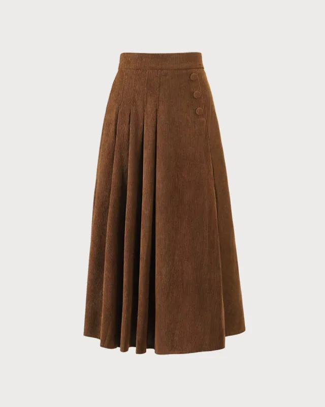 The Coffee Elastic Pleated Corduroy Midi Skirt sold by rihoas